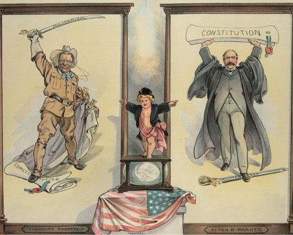 In this illustration of the 1904 election (Theodore Roosevelt v. Alton B. Parker), Puck stands on a ballot box. 
